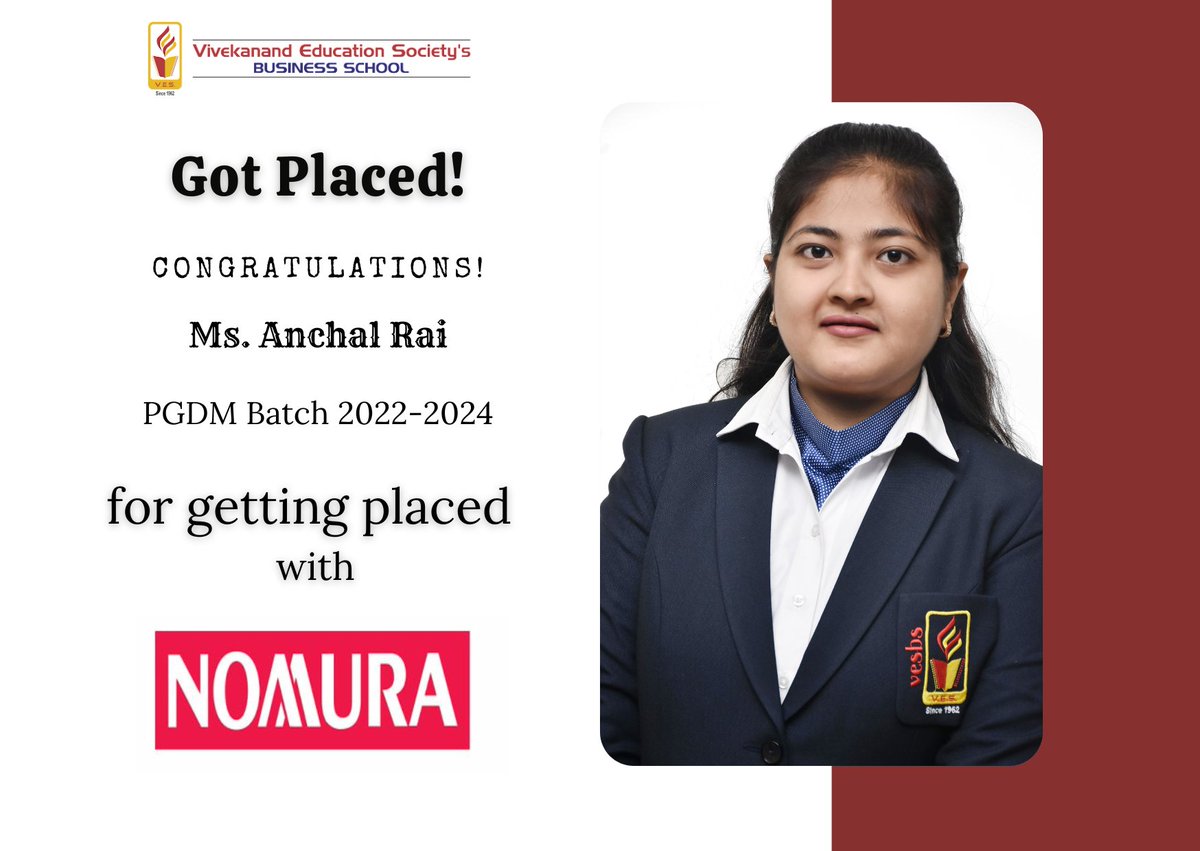 Congratulations Ms. Anchal Rai of Batch 2022-2024 who got placed at Nomura. Many Congrats on this next step in your career and all of the growth, connections and opportunities that come with it. #Placementdrive #placements #management #campusplacement #bschool #VBS #pgdm