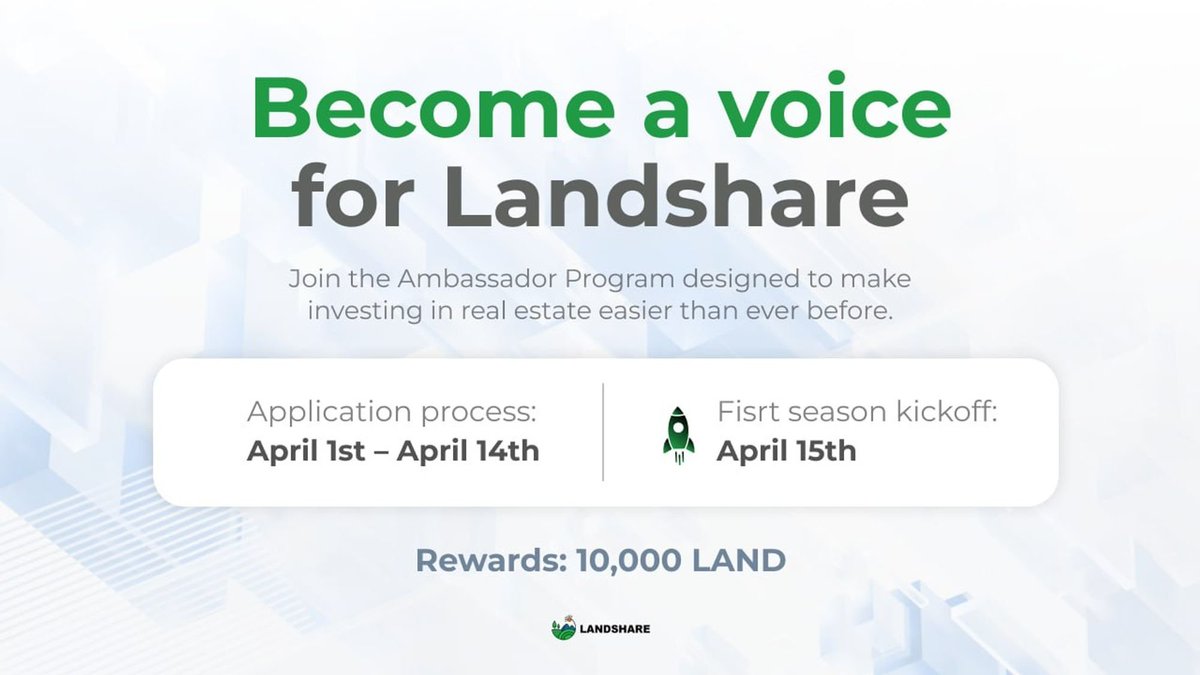 ⚡️We've received over 1,000 applications for the Landshare Ambassador Program! It's incredible to witness such strong interest from the community. Get ready, as we'll start adding roles for selected ambassadors on our Discord server as early as next week! ➡️ Apply Now: