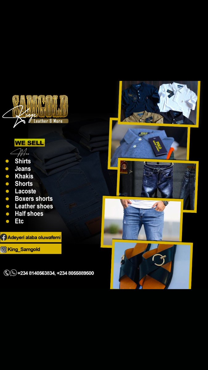 Adeyerilad's tweet image. We are open to receive your orders 
@Samgold_kings_Leather&amp;amp;More
We deal in men wears,hand made leather footwears and many more
Massage or dm 08140563834,08055889500