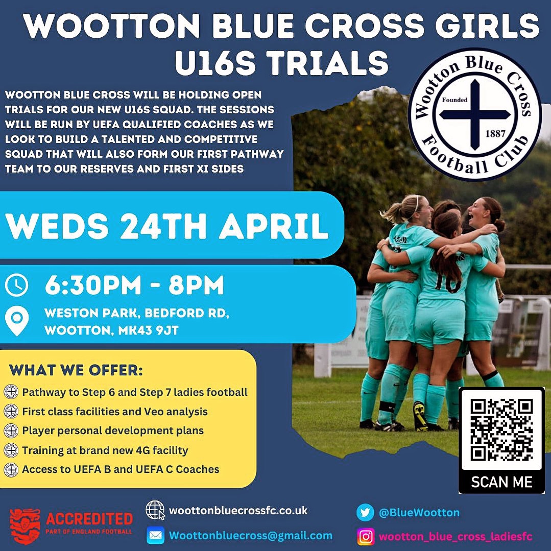 BlueWootton's tweet image. NEW PLAYERS WANTED 🔵✖️

Wootton Blue Cross U16’s will be holding Open Trials on Wednesday 24th April! (6:30pm-8pm) ⚽️

Get yourself down to ‘Weston Park, Wootton Blue Cross, MK43 9JT’ 🔵✖️ 

Any questions, please DM or Email 📩

#UpTheBlueCross