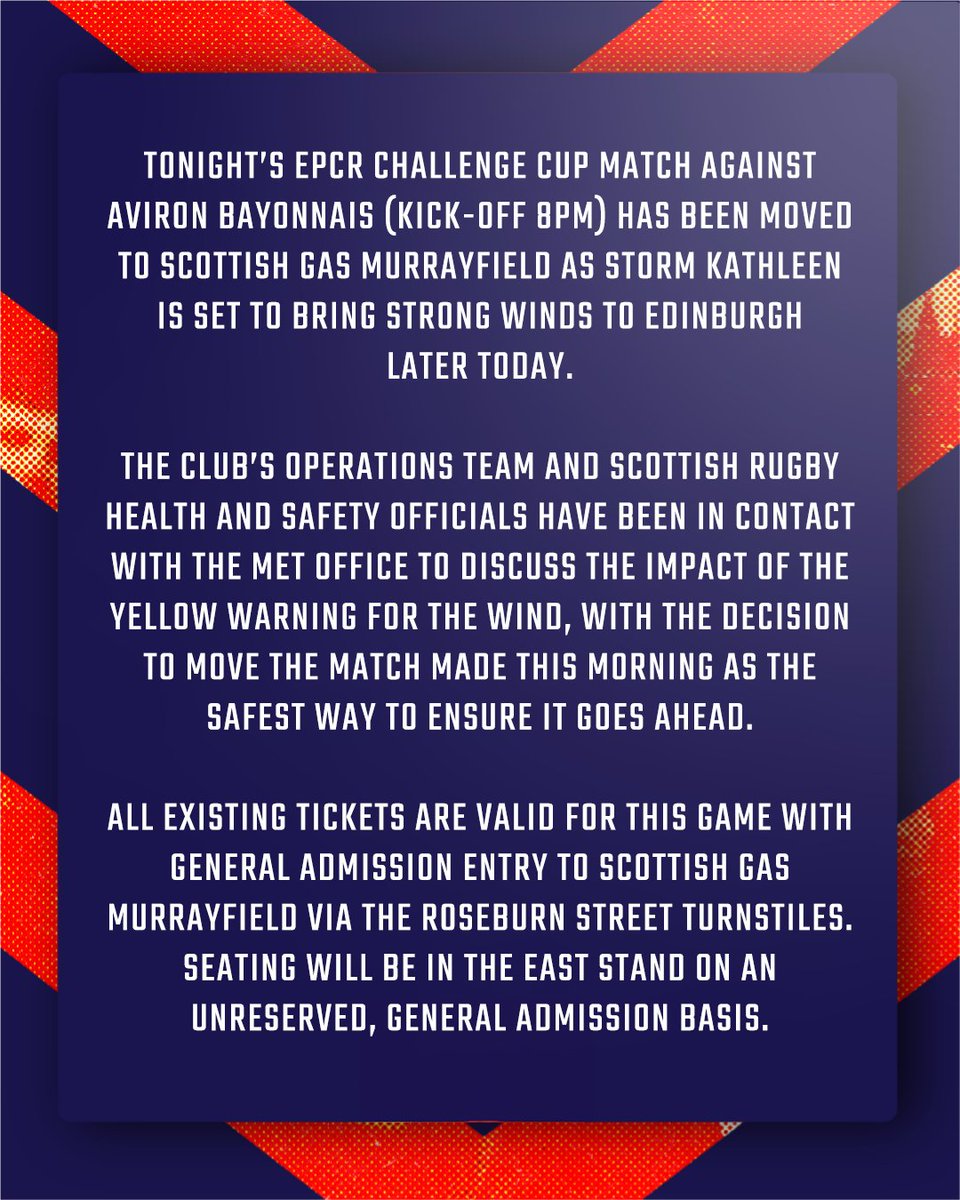 Tonight’s EPCR Challenge Cup Round of 16 match against Aviron Bayonnais has been moved to Scottish Gas Murrayfield due to Storm Kathleen. We thank fans for their patience and urge you to take care when travelling to the ground. More info ➡️ bit.ly/Erbassgm