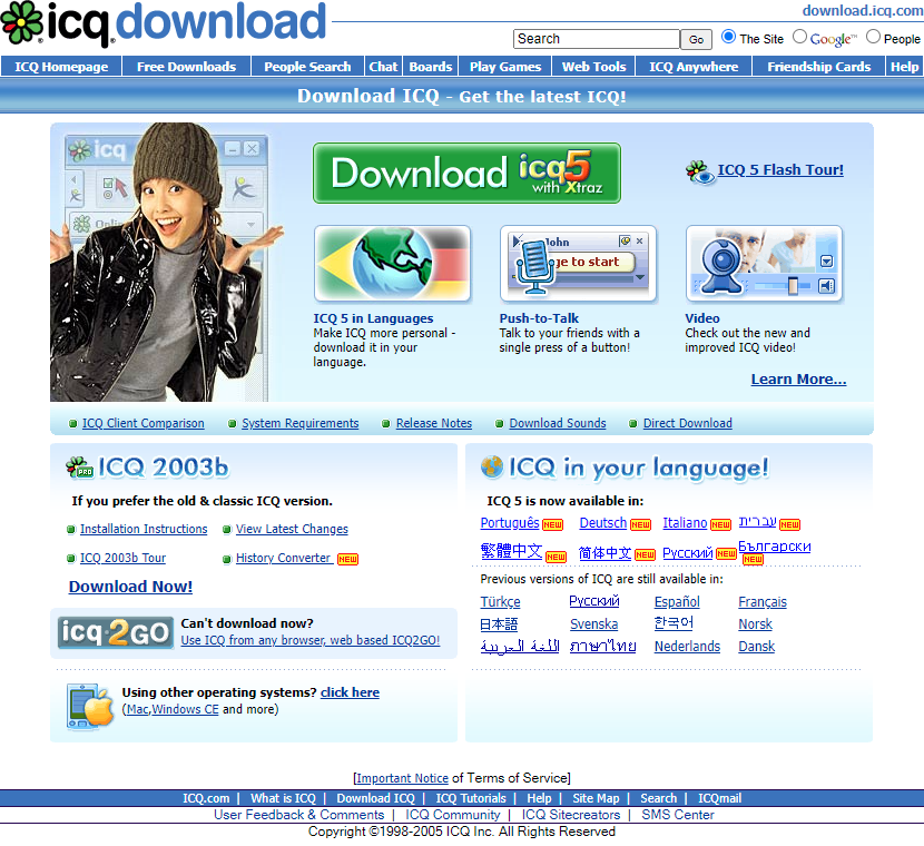 Download ICQ 5 website in 2005 #WebDesignHistory