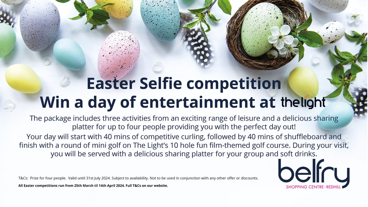 Bag yourself an entertainment-packed day out in #Redhill at The Light worth over £100! To enter, all you need to do is snap a selfie in front of our Easter Display and post it on social media with the hashtag #CrackingBelfry 📸 redhillbelfry.co.uk/2024/03/12/eas… #BelfryRedhill #TheLight