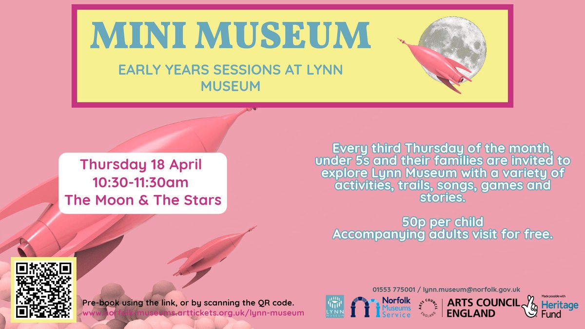 🌟 Our next Mini Museum is next Thursday 18 April, 10.30-11.30am! 🌟 Bring your under 5s to Lynn Museum for The Moon and The Stars-themed activities! 🎟️ Children 50p, adults free. Older siblings welcome. Booking is highly recommended: tinyurl.com/pcc9a9sc