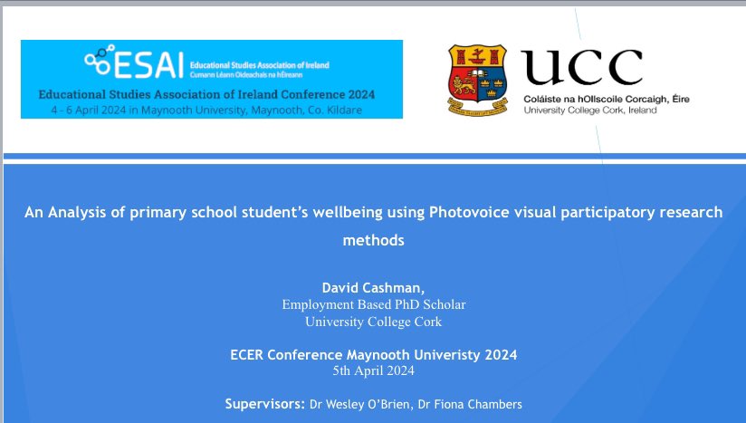 Just finished presenting another chapter of my PhD thesis #esai24 exploring the use of Photovoice to analyse students experiences of well-being. Thanks to @patjburke for chairing an amazing session. A great experience @wesleyob1 @DrFiChambers @UCCSchoolofEd