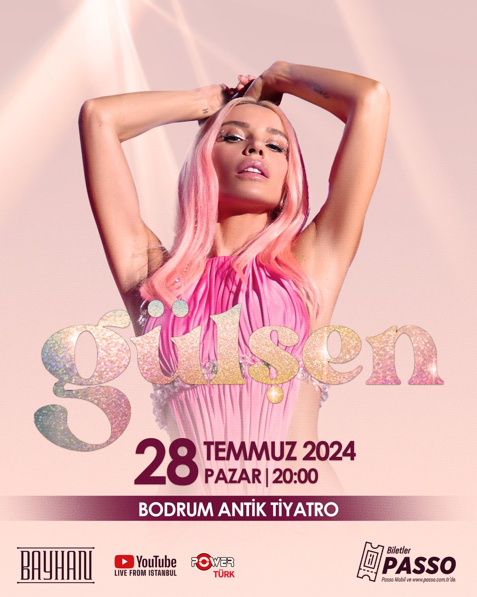 Gülşen, Bayhan Müzik organizasyonuyla 28 Temmuz Pazar akşamı Bodrum Antik Tiyatro'da. Biletler Passo’da. 🎫 Bilet almak için: passo.com.tr/tr/etkinlik/gu… @gulsen