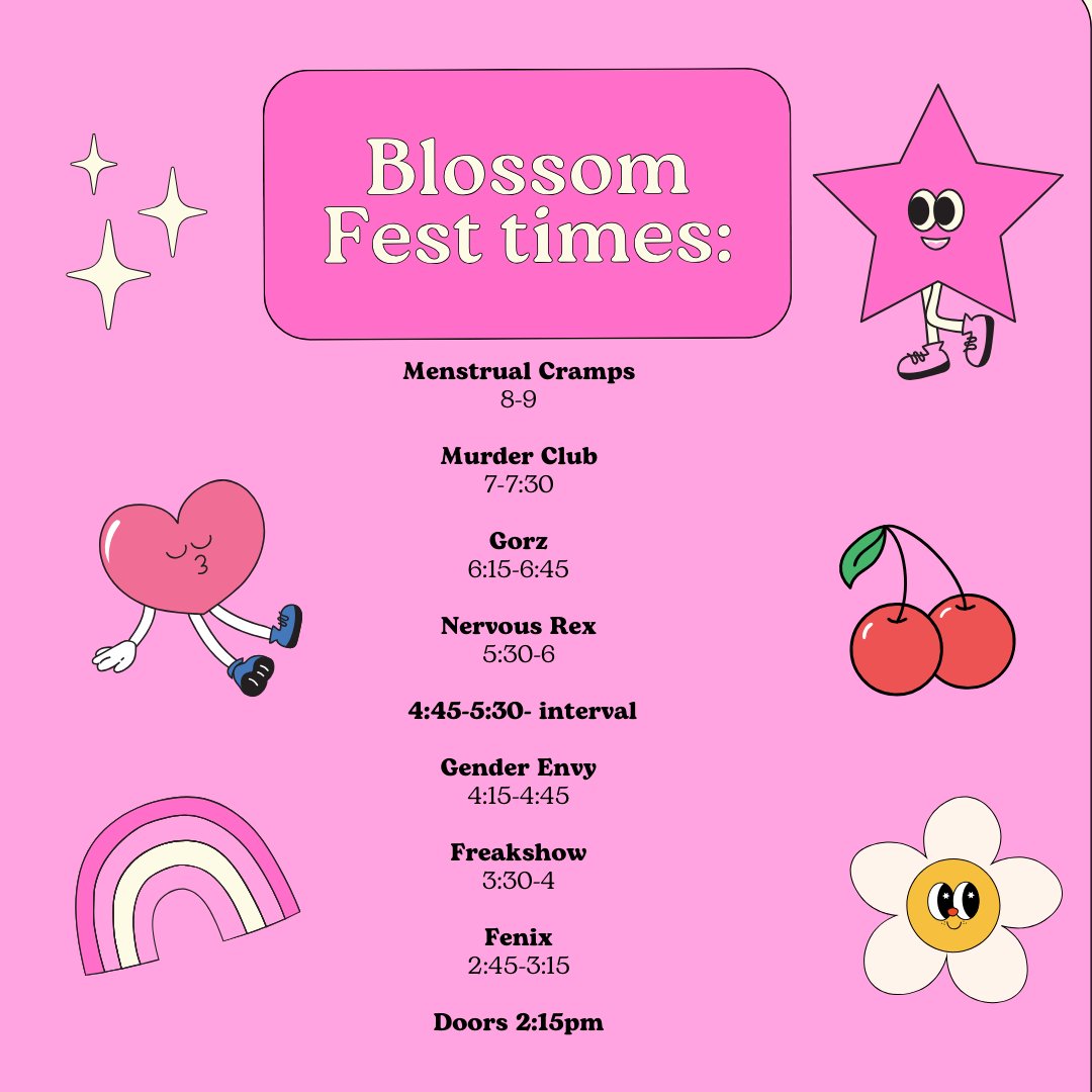 🌸 Blossom Fest set times 🌸 It's today!! Check out the set times for later on. Doors are at 2:15, get down early to show your support 😌