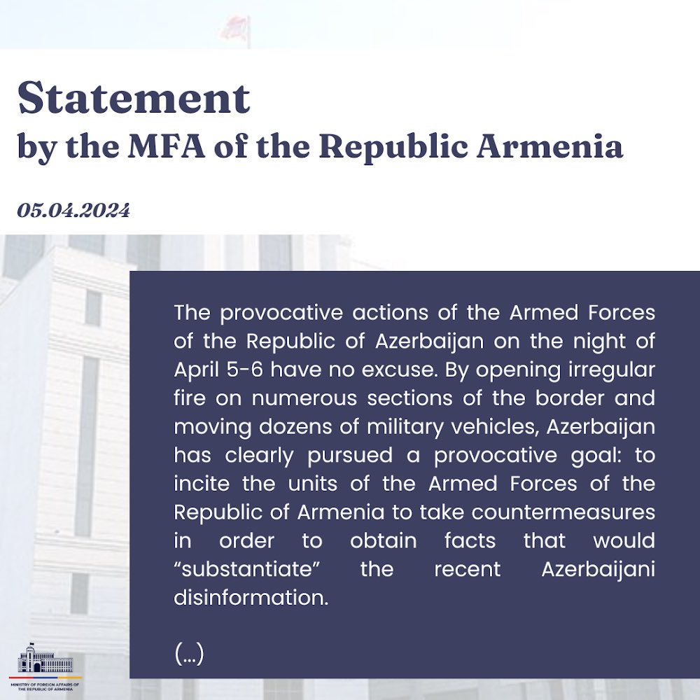 ❗️We reaffirm that #Armenia is not interested in escalating the situation in the region and call on #Azerbaijan to stop actions aimed at such an escalation. Full statement: ➡️🔗 mfa.am/en/interviews-…