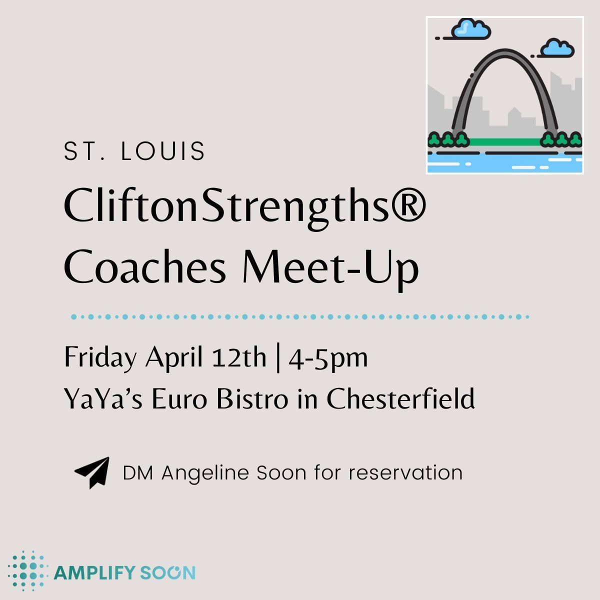 ⚜️ St. Louis CliftonStrengths® Coaches Meet-Up
⚜️ Friday April 12th 4-5pm 
⚜️ YaYa's in Chesterfield 

DM me for reservation. 

Or help us spread this news by re-posting!