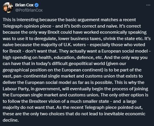 The thing is, @ProfBrianCox, we have all the same regulations and high taxes as before. Very little has changed - and the current model is not delivering decent health, education or defence. Dozens of councils are teetering on the brink of bankruptcy. We'd be in the exact same