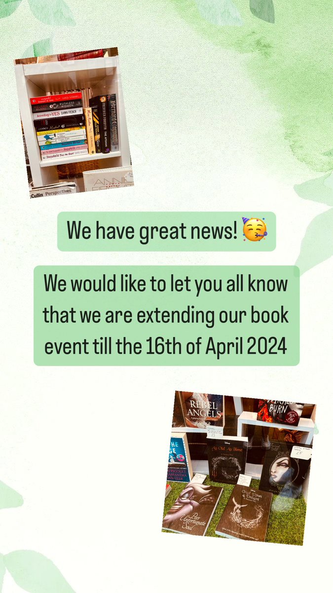 We are excited to tell you that we are extending our book event till the 16th of April 2024! 🥳 make sure to pop in and see the deals we have on all our adult hardback and paperback books and make sure to check out all our special books that are priced differently 💚