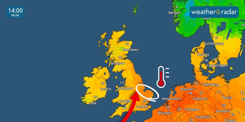 It might be windy 🍃 but it's also unseasonably warm 📈, with temperatures expected to reach 21-22°C 🌡️- most likely around Cambridgeshire, Norfolk and Suffolk. The date record is held at 23.9°C. Keep tabs on the temps: to.weatherandradar.co.uk/TemperatureRad… #TemperatureRadar #StormKathleen