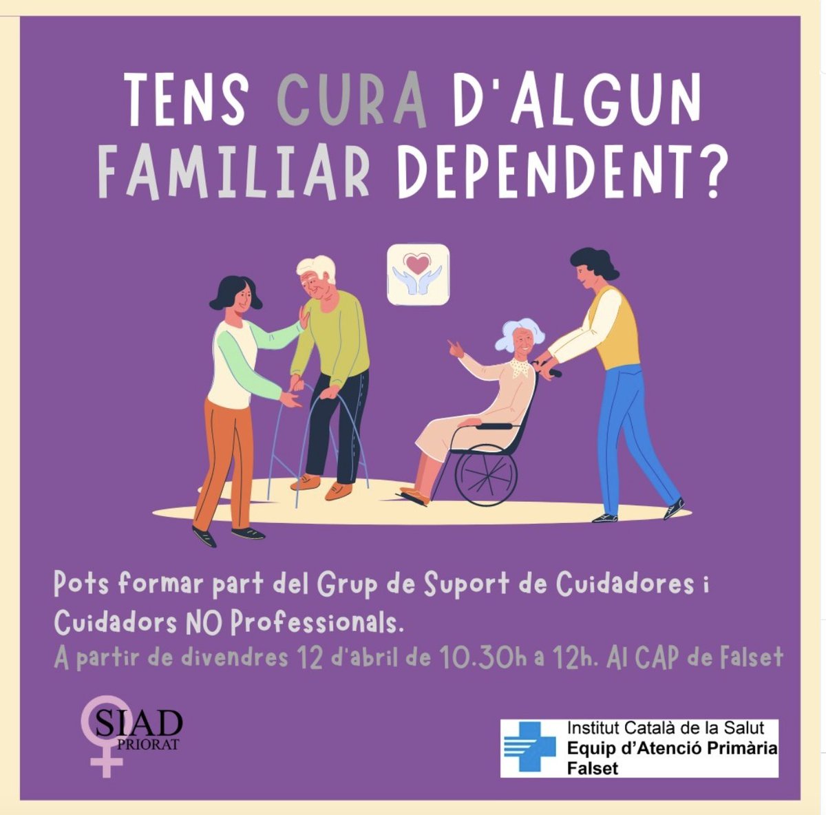 El CAP de #Falset i el SIAD del @CCPriorat organitzen un Grup de Suport de Persones Cuidadores No professionals L'objectiu és oferir tècniques i estratègies per reduir el malestar de les persones que tenen familiars o persones dependents a càrrec priorat.cat/actualitat/el-…