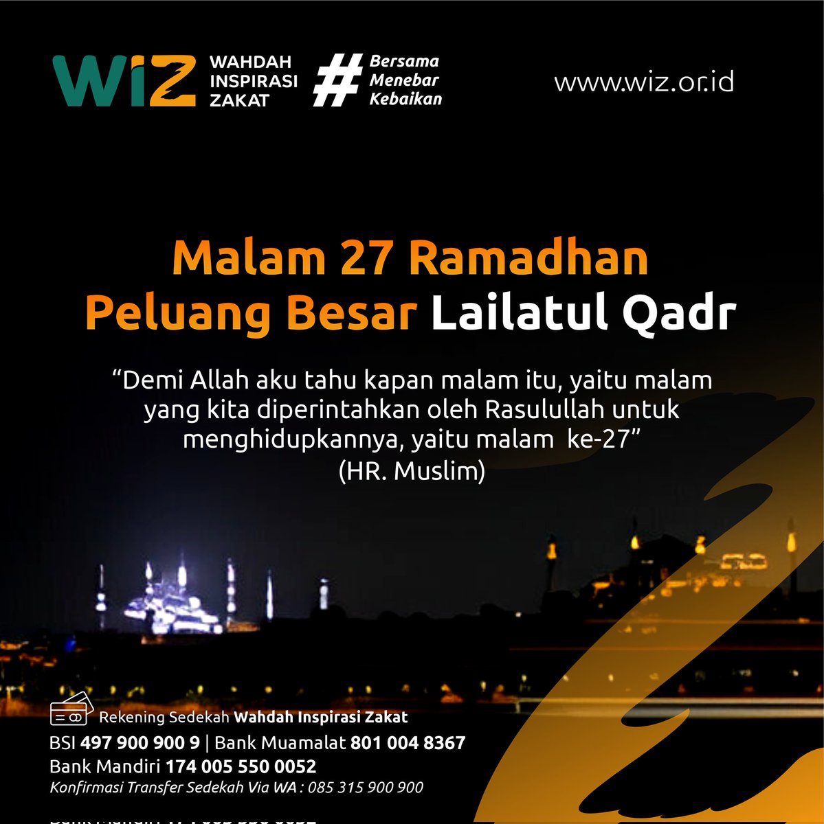 LAZNASWIZ's tweet image. Mari lebih maksimalkan amal ibadah di malam 27 Ramadhan, termasuk dengan memperbanyak sedekah. Semoga keutamaan malam 1000 bulan ini kita dapatkan, aamiin.

Salurkan sedekah Ramadhan terbaik Anda melalui:
donasi.wiz.or.id/sbr


#ramadan #berkahramadan