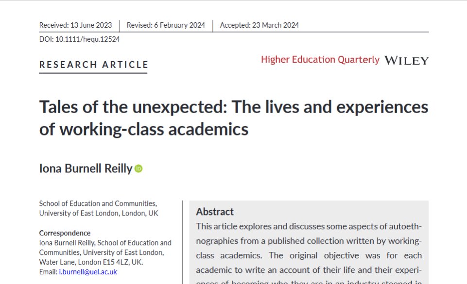 Very pleased to see my article published in Higher Education Quarterly and even more pleased it’s free to access. The article explores themes emerging from the book ‘The Lives of Working Class Academics: getting ideas above your station': emerald.com/insight/public… Link below:
