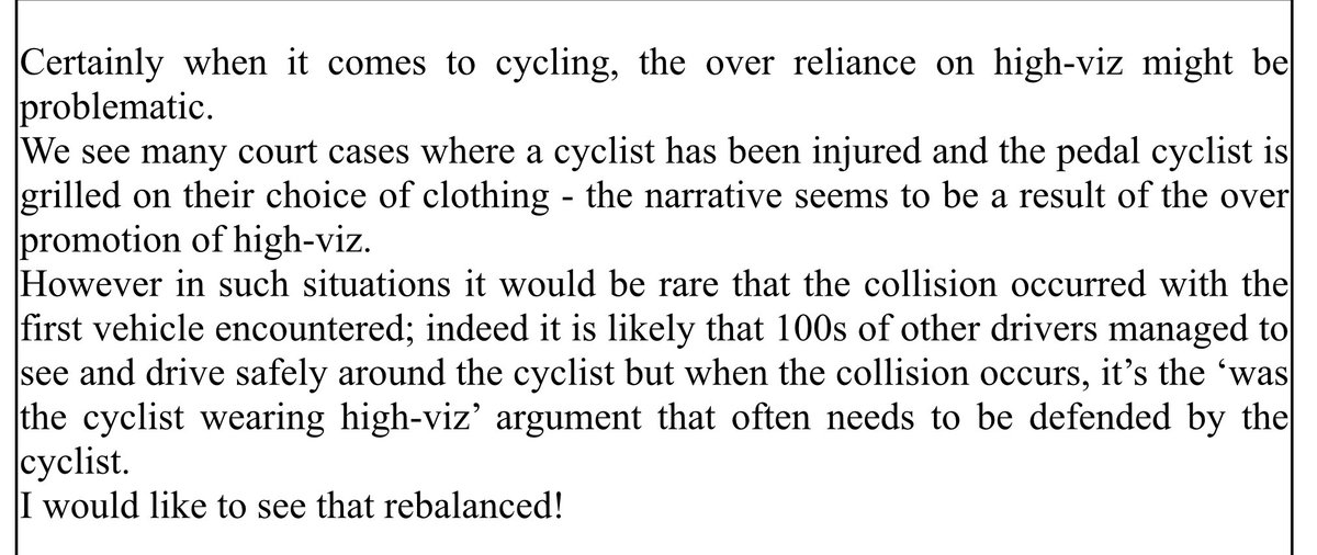 The Dept. of transport’s <a href="/RSAIreland/">RSA Ireland</a> review ended yesterday. 
Seen some really good points made particularly from groups such as <a href="/cyclistie/">Irish Cycling Campaign</a> 👏 
This is a section from my own submission on the apparent over reliance on High-Viz &amp; one of its unintended consequences 👇