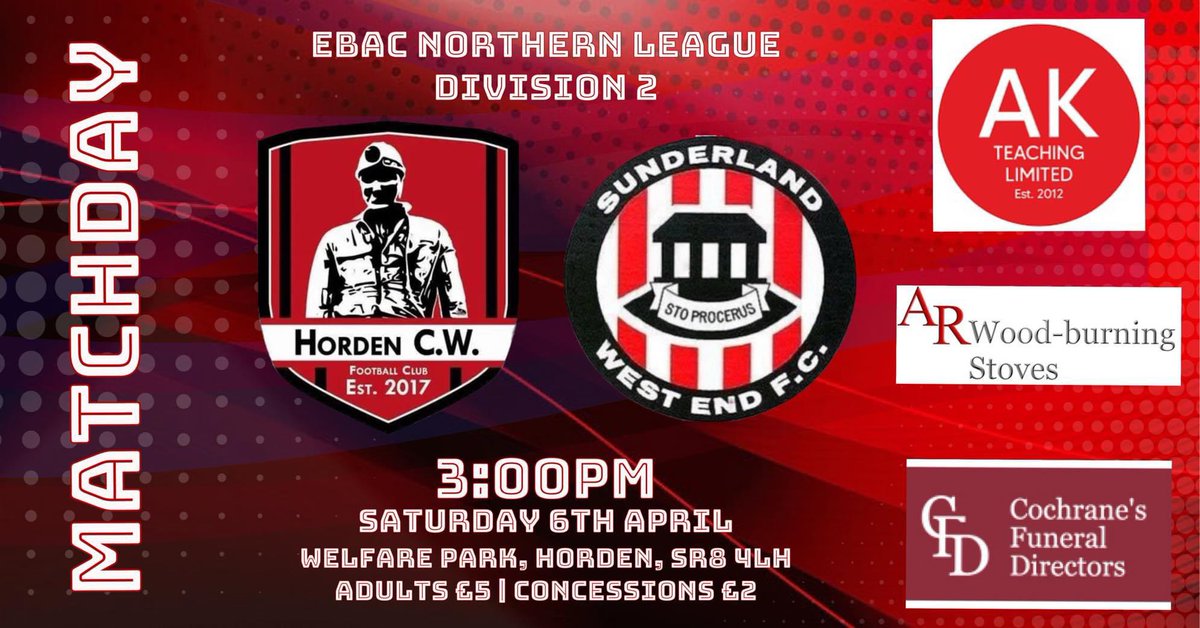 🔴⚫️ MATCH DAY 🔴⚫️

The pitch has passed an 11am inspection so as it stands it’s game on.

<a href="/Westend_FC/">Sunderland West End FC</a> make the trip to Welfare Park as we look to keep ourselves in the play off race. 

Proudly supported by:-
<a href="/akteachingltd/">AK Teaching</a> 
AR Wood-Burning Stoves
Cochranes Funeral Directors