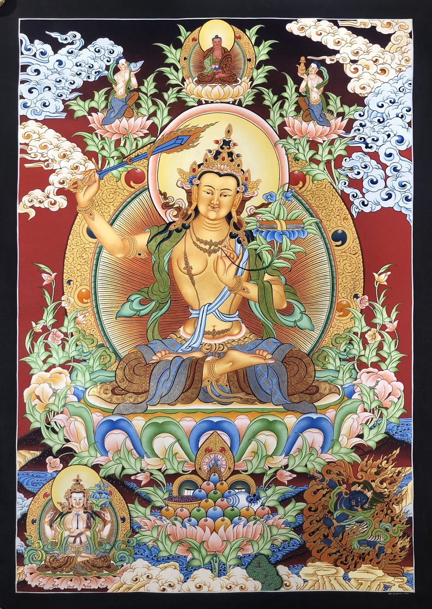 Manjushri the bodhisattva personifying supreme wisdom.
.
.
.
.
.

#bodhisattva #bodhichitta #blessing #wisdom #thangka #himalayan #Manjushri #Jampalyang #wenshupusa #thankapainting #prajna #lamathankapaintingschool #enlightenment #enlightened #dhamma #livingheritage #heritage