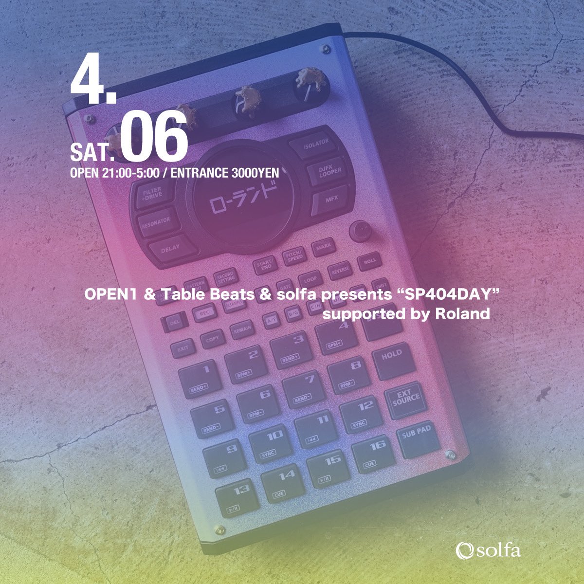 🔸今夜開催🔸
OPEN1&amp;TableBeats&amp;solfa presents
"SP404DAY" supported by Roldand

404dayを記念して、過去最大規模、国内屈指のSP-404使いのビートメイカー総勢35名が中目黒に集結。

参加型ビートセッションには一般応募から選出されたビートメイカーが登場。

#404day <a href="/MyRoland/">Roland | ローランド公式</a> <a href="/RolandGlobal/">Roland</a>