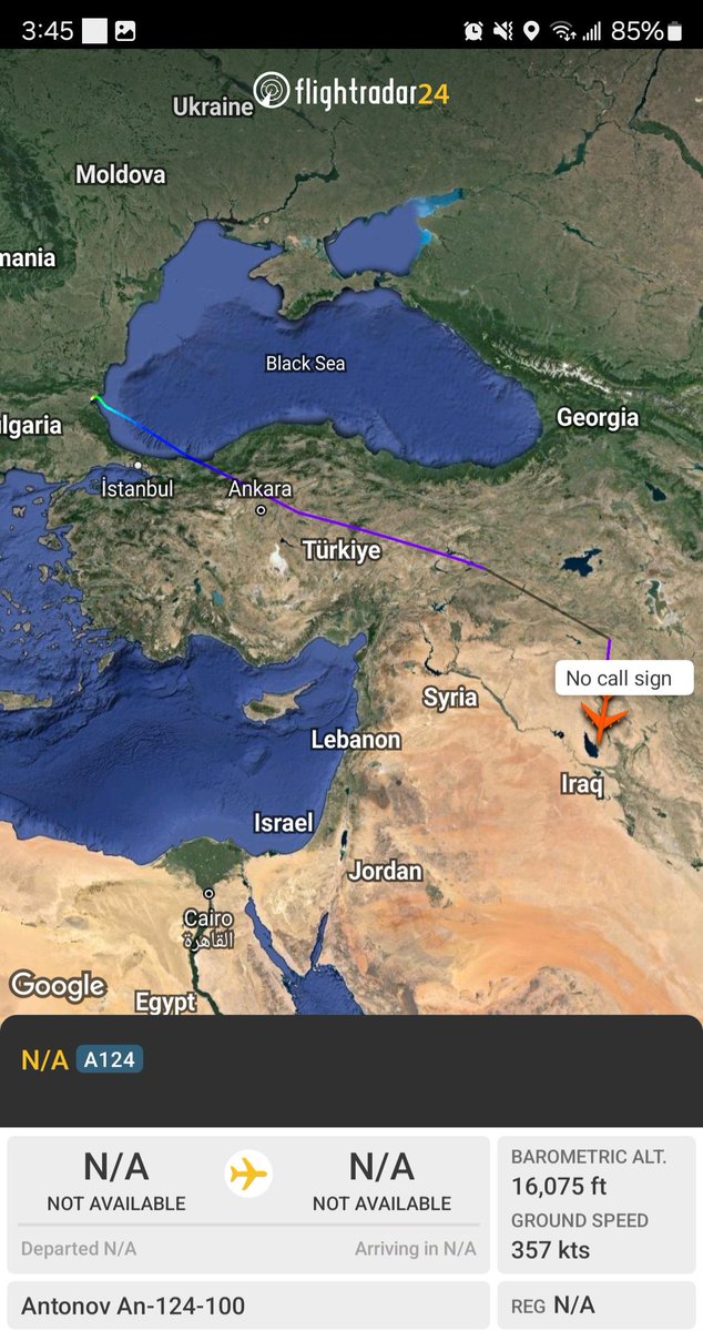 Borrowed7Time's tweet photo. Antonov Airlines An-124-100 UR-82007 #50801B as ADB5130 departed Burgas, Bulgaria &amp; now landing at Baghdad.

Burgas is known in part for its ammunition factories &amp; as a supplier of such.
@Dinlas3 @volatile_var @SomeFrench1991 https://t.co/Dd0dewu5dC