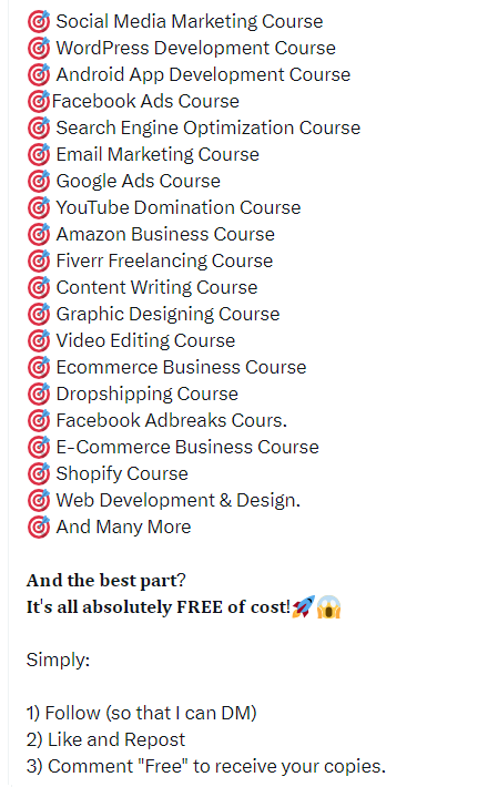 Parul_Gautam7's tweet photo. 1.3 TB PAID COURSES  Free for 24 Hours  

✅Affiliate Marketing 
✅Amazon FBA 
✅Crypto Currency 
✅Funnel Building 
✅Instagram Marketing 
✅Facebook Marketing 
✅Social Media Marketing  

✔️Simply Repost
✔️Comment "Free" 
✔️Follow so that i can DM you https://t.co/saNhkZ7Yti