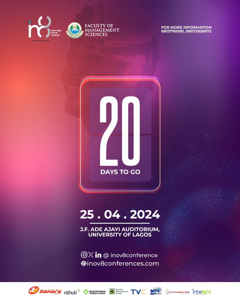 Inov8 Conferences starts in 20 days! 🕺💃

Get ready for an exciting event!

Have you registered, do it now by visiting 

👇

inov8conferences.com/rsvp

#CreativeMinds #DesignInspiration #ArtisticExpression #VisualArts #CreativeAgency  #CreativeProfessionals #MediaCreatives