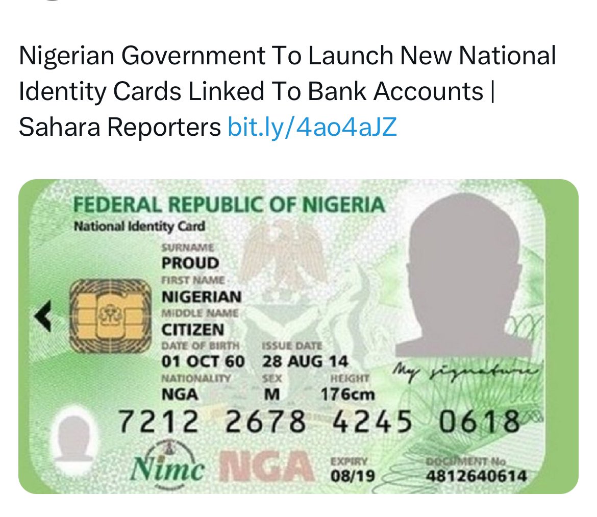 😂😂😂😂copy copy after Biafra Republic Government In Exile lunched Digital National Identity Card, the terrorists government of Nigeria for the past 100years, now remember national identity card that will be linked to Bank account. 
Biafrans should disregard anything ID Nigeria…