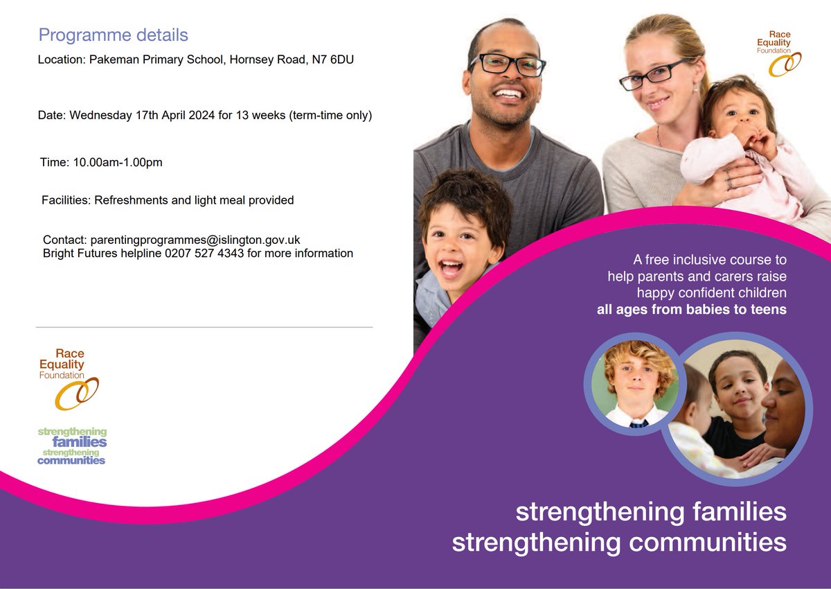 Bright Futures are now recruiting families with children age 5 -19 for the Strengthening Families, Strengthening Communities parenting programme which will start on 17th April. #Islington #Parenting