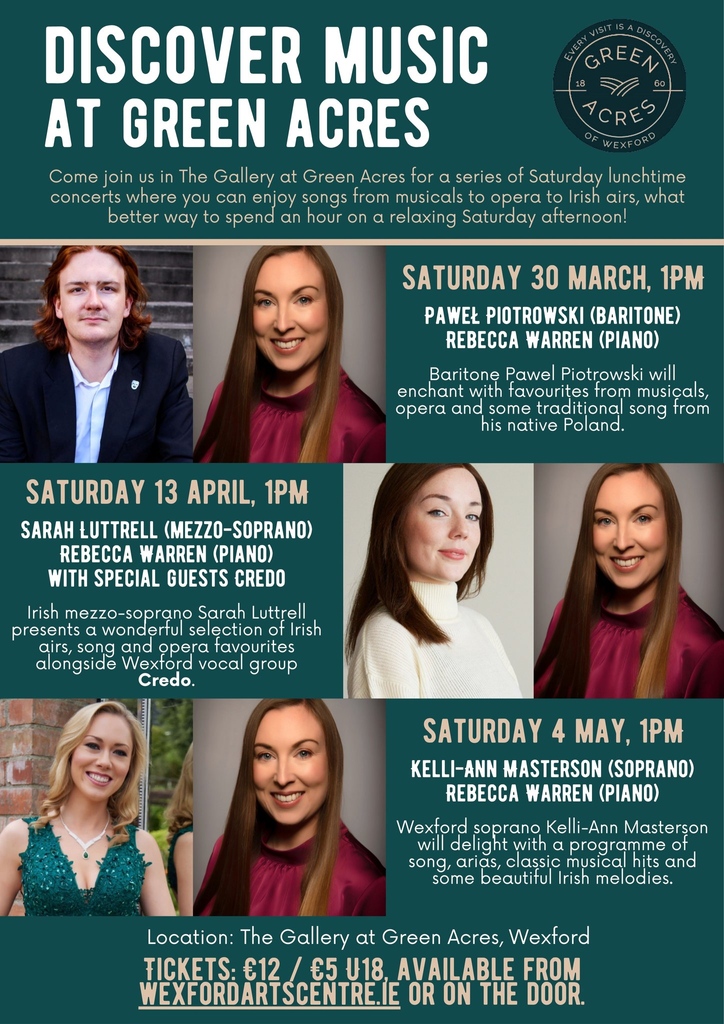 The next lunchtime concert in Green Acres is on 13th April at 1pm. You can book tickets online here: bit.ly/43KV4EO #discovermusic #greenacreswexford