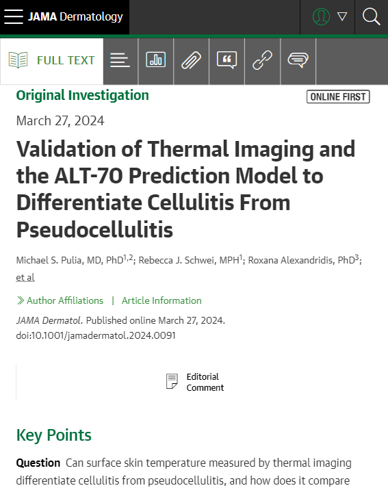 Most viewed in the last 7 days from @JAMADerm: Can surface skin temperature measured by thermal imaging differentiate cellulitis from pseudocellulitis? How does it compare with the ALT-70 prediction model? ja.ma/4cLBGLI