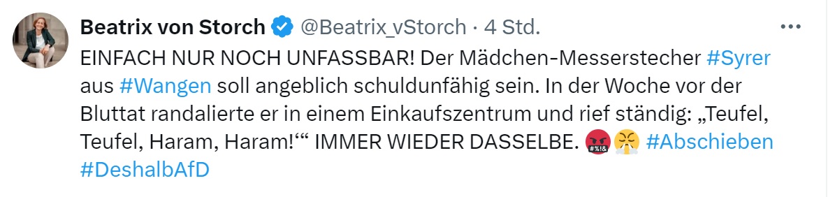 Zeit für rechtliche Fortbildung: Der Mann, der ein Mädchen in #Wangen mit einem Messer verletzte, ist laut Ermittlern schuldunfähig. Was hat das eigentlich für Folgen? Aus Sicht von Storch und Co., die sich empören, offenbar: es komme mit der Tat davon. Das ist falsch /1