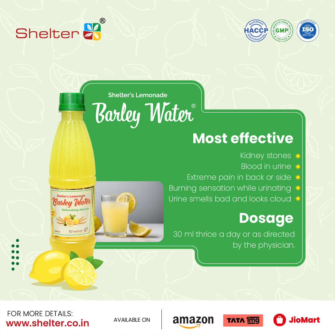 'Say goodbye to kidney stone discomfort with Lemonade Barley Water! 🍋💧 Formulated to tackle extreme pain, and blood in urine,  it's your natural solution for urinary tract relief. 🌿 Don't suffer in silence – try it today! #KidneyStoneRelief #NaturalRemedies#ShelterPharma