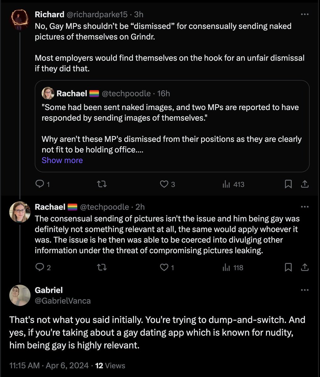 The terminally offended have decided to take offence to one of my tweets... I did not mention his sexuality, or any particular app. That's irrelevant. If you hold a position like an MP, regardless of who you are, how you identify, or your sexuality, you need to think through the…
