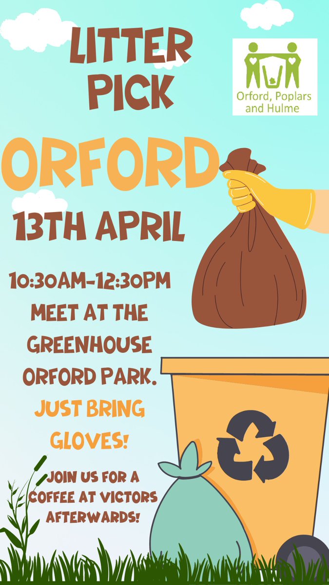 Organised litter pick Saturday 13th April 10:30am meeting at Victors café (The Greenhouse on Orford park) Littler pickers, bags etc are provided but please bring your own gloves, finishing back at The Greenhouse 12:30pm for a brew and a chat. #warrington