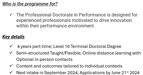 If you're motivated by creating change & driving standards –Join other likeminded practitioners earning doctoral degrees by designing, delivering & evaluating Cutting Edge innovations within performance domains. Apps by 28th June. Qs welcome For more info linkedin.com/pulse/professi…