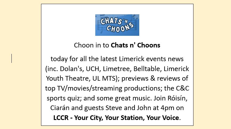 LCCR - Limerick City's Community Radio station - 99.9 FM and online... Tune to C&C at 4pm today. @BelltableLimk @irishjohn1 @MikeCooke92 @ilovelimerick @Unreal_Limerick @EclecticCelt