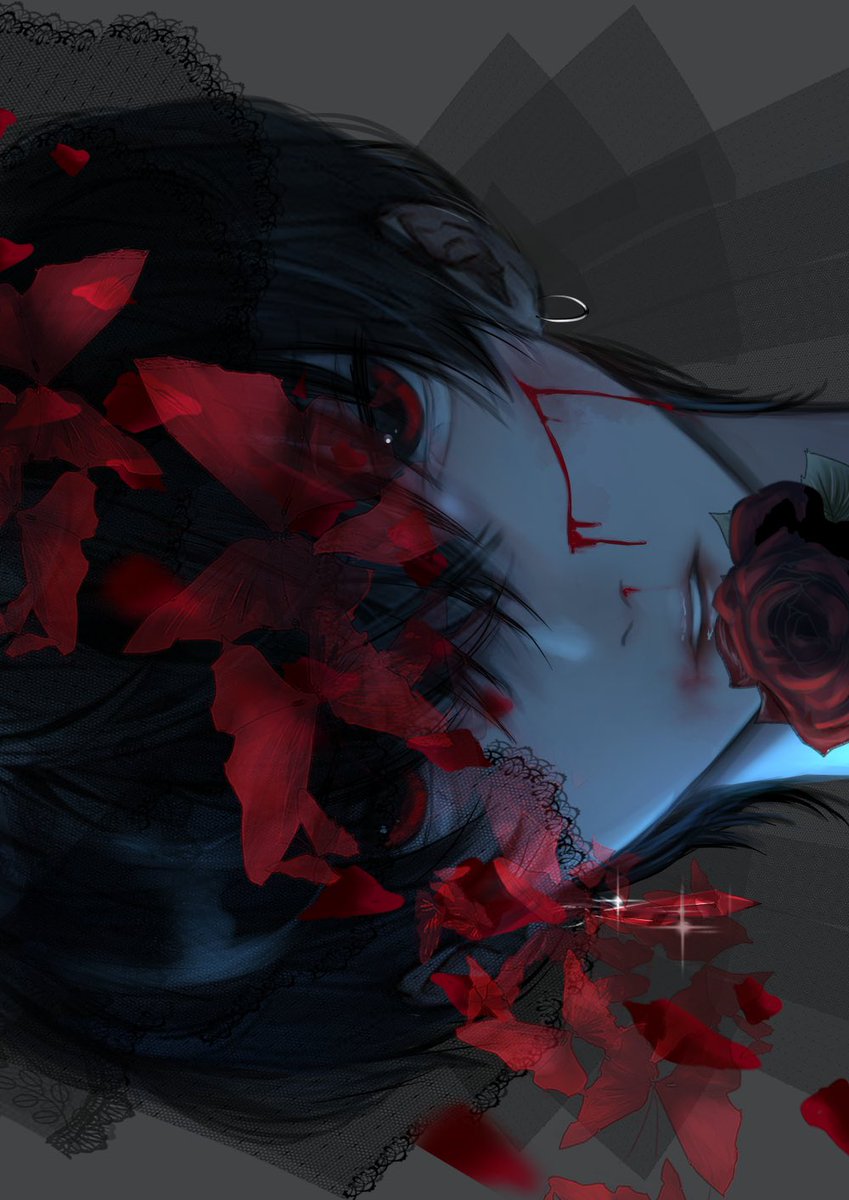 solo looking at viewer short hair black hair 1boy red eyes jewelry  illustration images