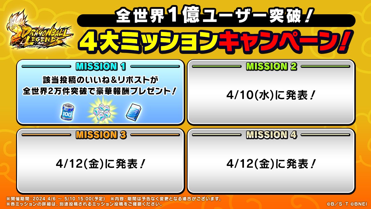 ◤全世界1億ユーザー突破！ 超絶感謝キャンペーン◢

全世界1億ユーザー突破を記念して4大ミッションを開催！
1億人の協力で豪華報酬をゲットしよう！

#1億ユーザー突破_Zサイヤ人編
#レジェンズ 
#ドラゴンボール
