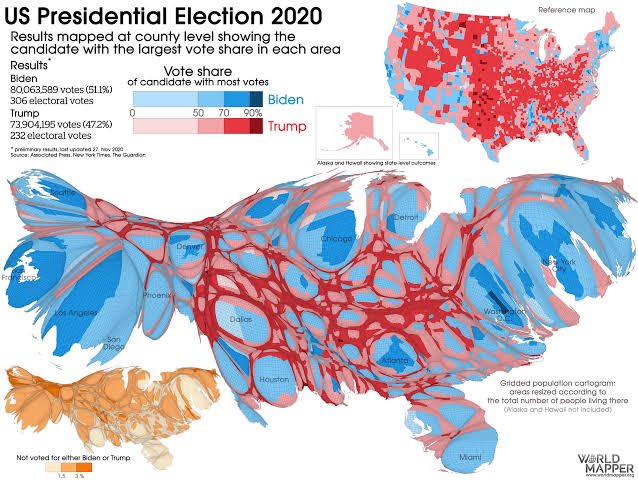 2024 seçimlerine ilişkin -aşağıdaki örnekte ABD seçimlerinde yapılanı gibi- nüfusa oranlı bir harita hazırlansa daha da açıklayıcı olurdu.