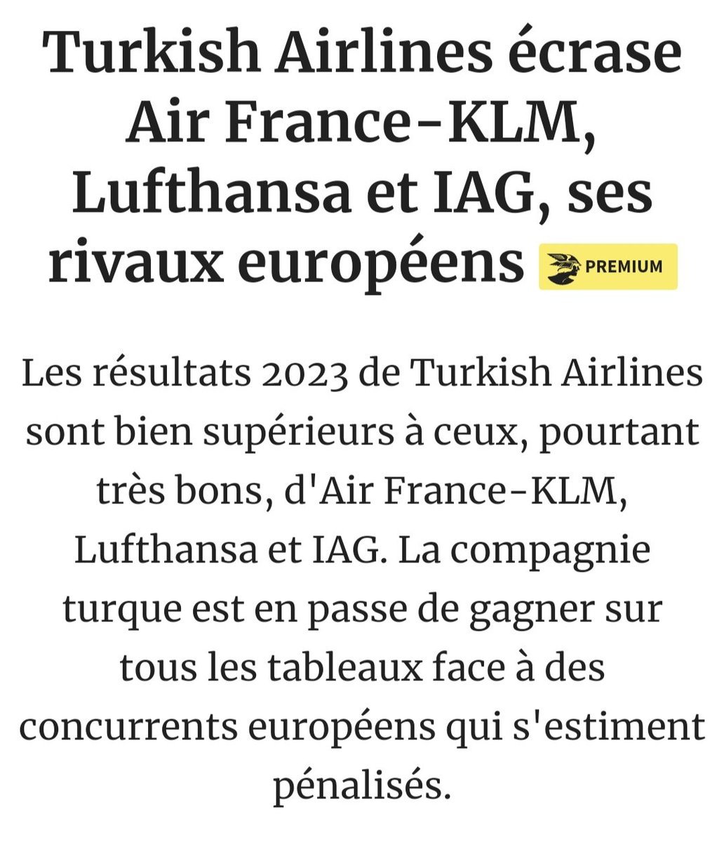 Fransız ekonomi gazetesi Les Échos: 
'Turkish Airlines, Avrupa'daki rakipleri Air France-KLM, Lufthansa ve IAG'yi ezdi'

'2023 yılında Turkish Airlines'in performansı, aslında oldukça başarılı olan Air France-KLM, Lufthansa ve IAG'nin performansını önemli ölçüde geride bıraktı.…