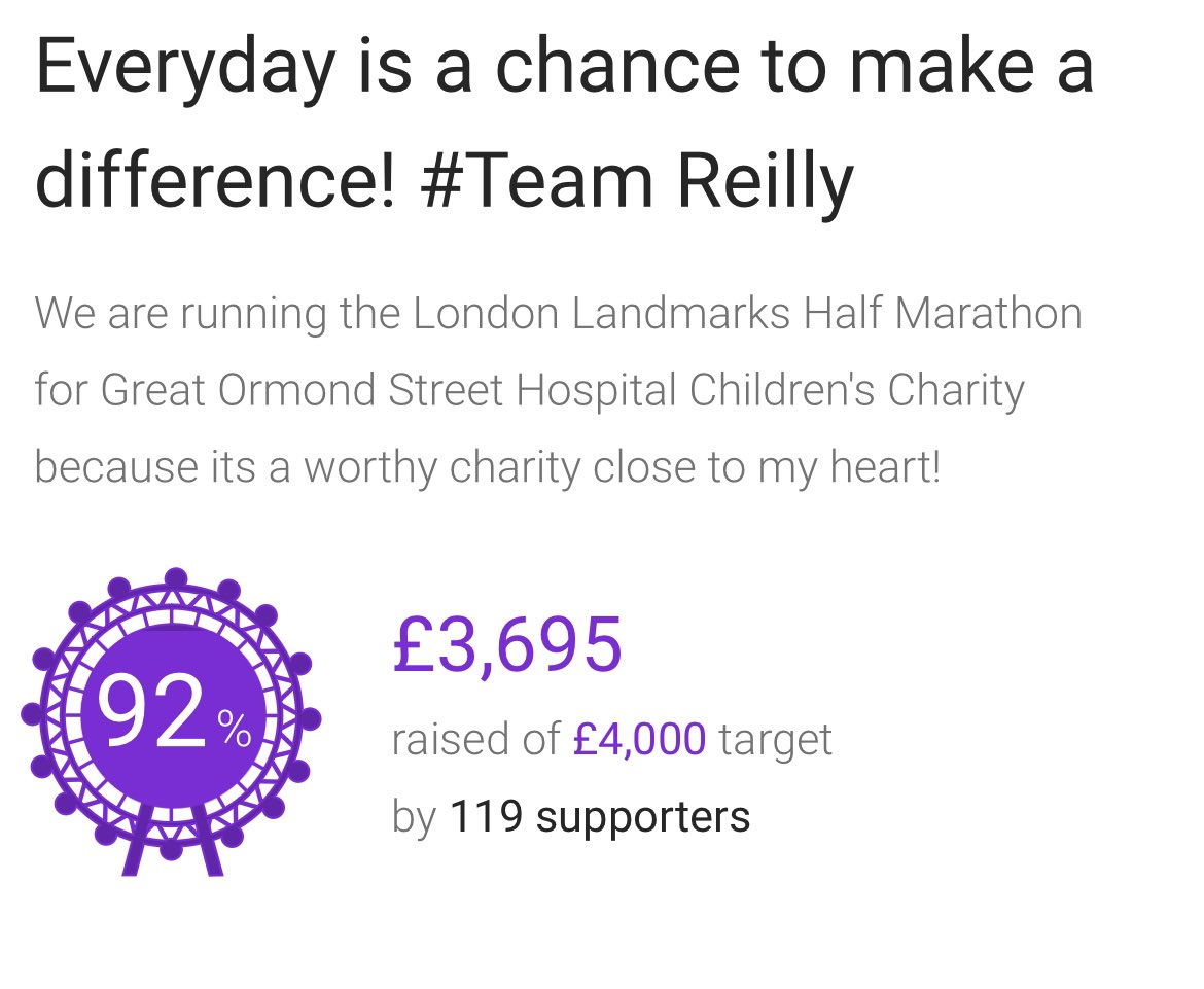 Last push!!! Thanks for your generosity! Tomorrow 22kms it is for TEAM REILLY! Donations welcome: justgiving.com/fundraising/se…
