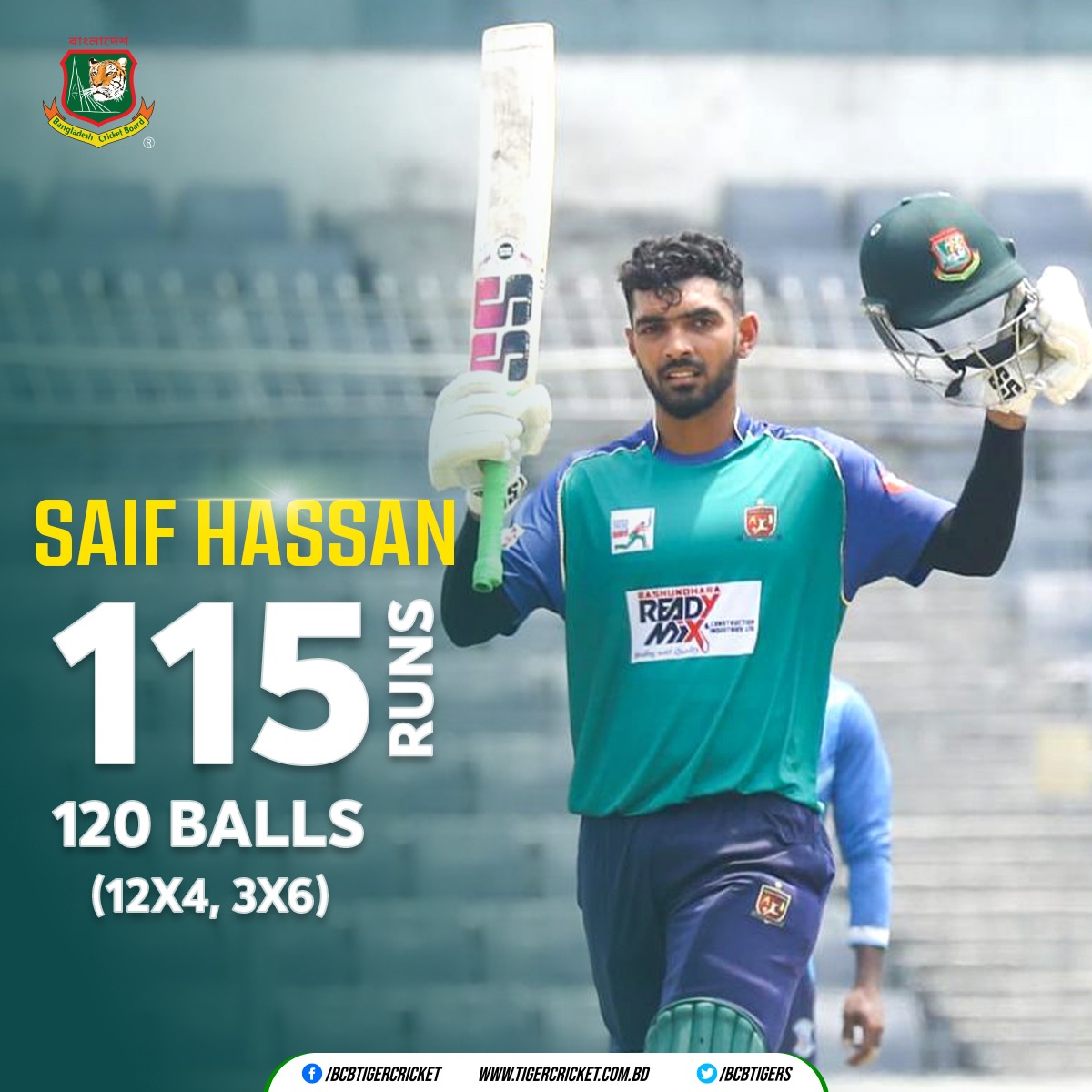 Saif Hassan from Lt. Sk. Jamal Dhanmondi Club Ltd celebrates his stunning 💯 against Prime Bank during the 9th round match of the DPDCL at SBNCS, Mirpur. Details: tigercricket.com.bd/live-score/dha… #BCB | #Cricket | #DPDCL