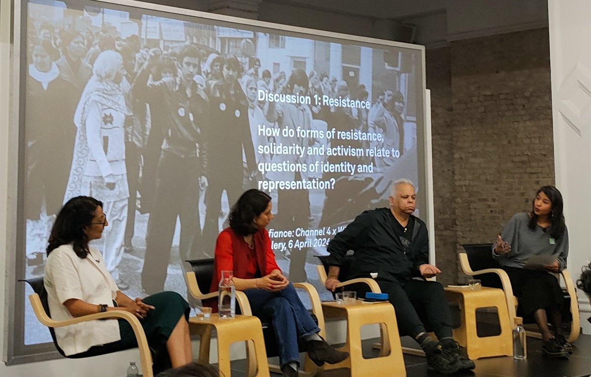 A day of discussions at Whitechapel Gallery today inspired by #Defiance — a new Channel 4 series on how South Asians fought back against the fascists. First discussion hosted by @shabnabegum ft. Suresh Grover of Southall Youth Movement, @kavpuri & series producer Anoop Pandhal.