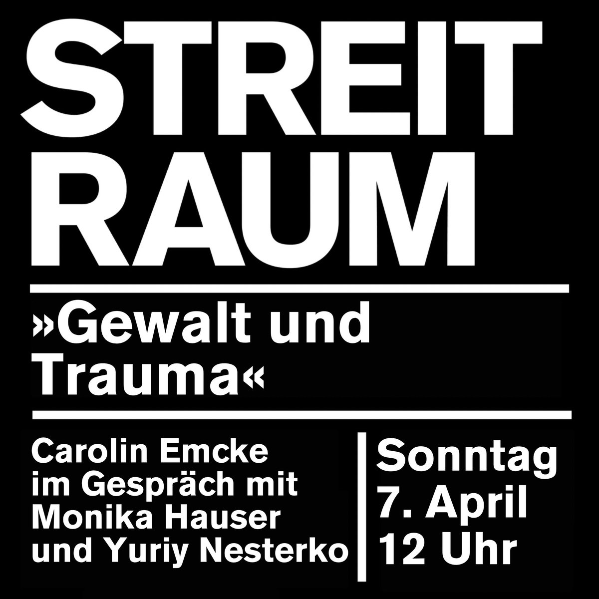 Morgen ist wieder Streitraum! In der kommenden Ausgabe zum Thema »Gewalt und Trauma« spricht @C_Emcke mit der Gründerin von @medicamondiale, Monika Hauser, und mit Yuriy Nesterko, Co-Leiter der Wissenschaftlichen Abteilung am @ZentrumUE. 👉 Livestream: youtube.com/live/m2HehpKkG…