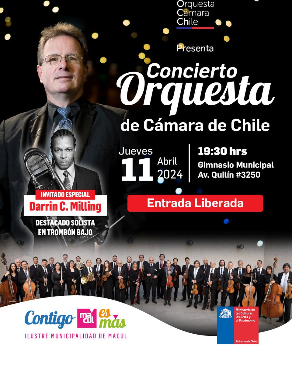 ¡Será un concierto increíble! 🎼 La magia de la música de la Orquesta de Cámara de Chile llega este jueves 11 de abril a nuestro Gimnasio Municipal de @MuniMacul y con un invitado de lujo: el solista en trombón bajo @darrin_c_milling Ven a disfrutar de este evento gratuito!!