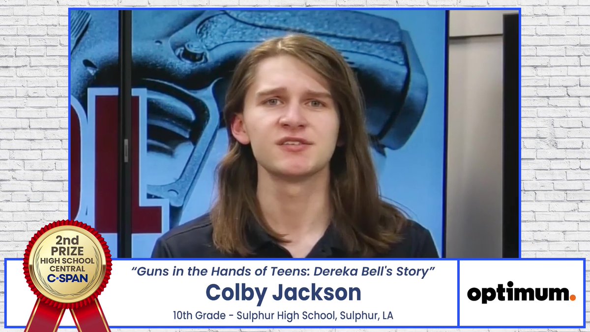 Congratulations to Colby Jackson from Sulphur High School in Louisiana who won 2nd Prize for his documentary, 'Guns in the Hands of Teens: Dereka Bell's Story.' It airs today on C-SPAN and you can watch it here: studentcam.org/2024-2ndPrize-… @optimum