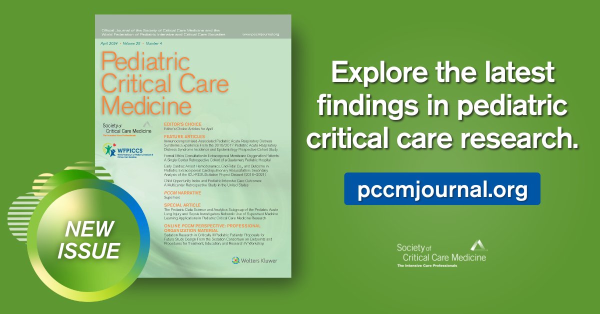 The April 2024 issue of @PedCritCareMed is now available online! Read about the latest research in pediatric ARDS, ECMO, #sepsis, and more: pccmjournal.org @SCCM_Pediatrics #PedsICU #SCCMSoMe