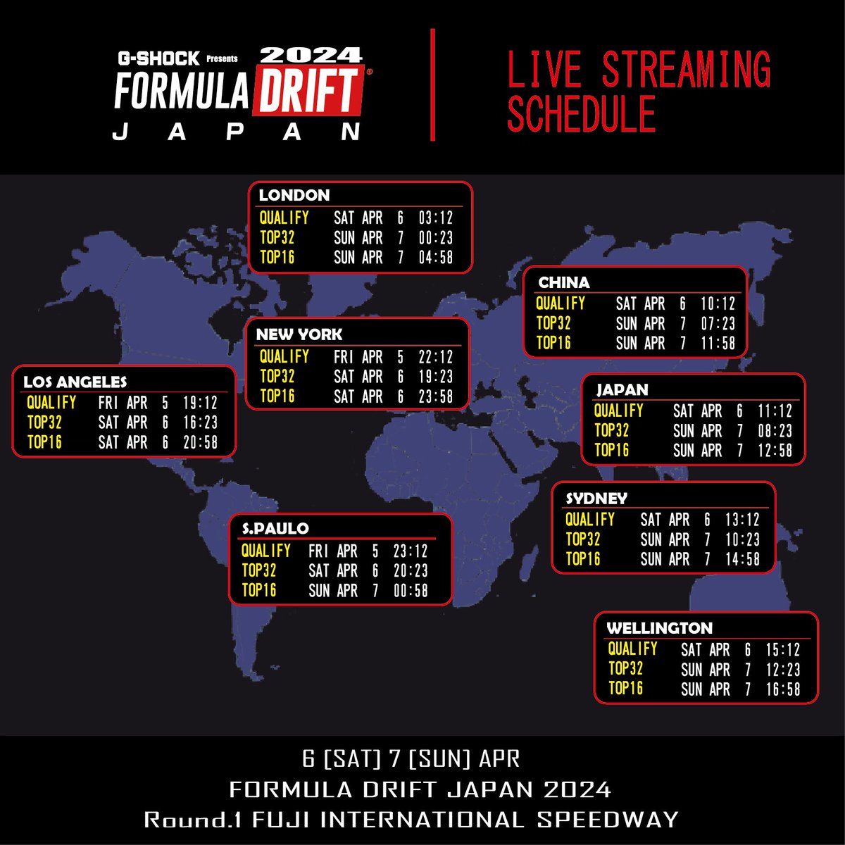 Formula Drift Japan 2024, round 1 times for today's action!

Fuji International Speedway.

#formulad #fujiextremeday #fdj #FormulaDriftJapan #FormulaDRIFT #drift #driftride #fujiinternationalspeedway #driftmagazine #drifting #drift #driftcars #japan