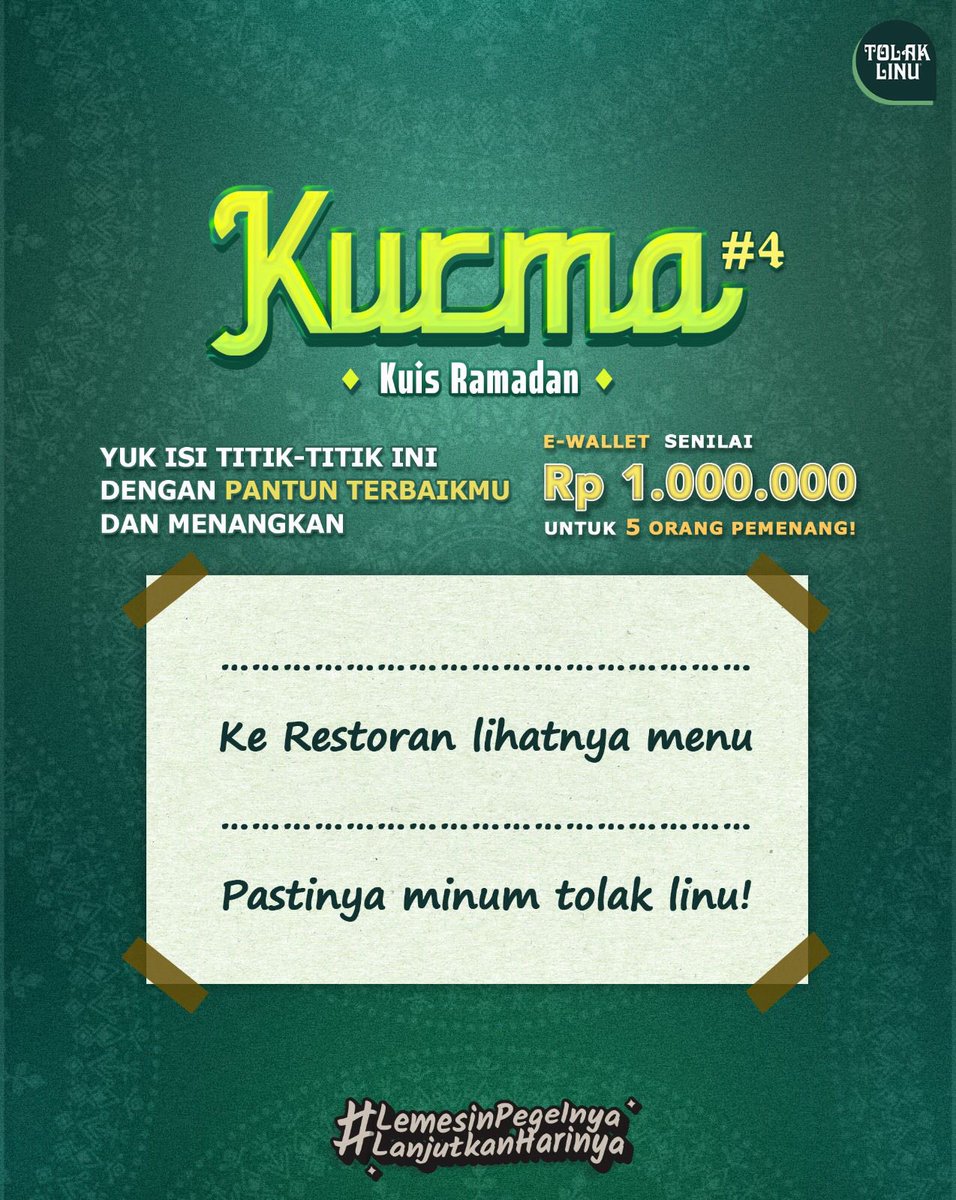 ✨KURMA (KUIS RAMADAN) ✨part terakhir nih!
Siapa yang mau THR? 🙋‍♂️🙋‍♀️ Ikutin kuisnya yuk dan menangkan THR untuk memeriahkan lebaran kamu! 🎁💰

#SobatSetrongTolakLinu #LemesinPegelnyaLanjutkanPuasanya