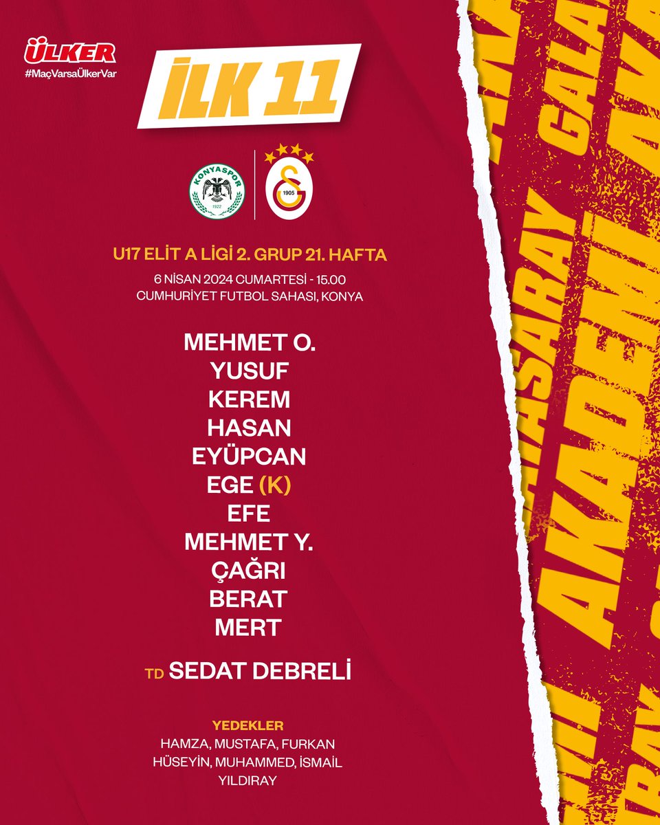 U17 takımımızın, T. Konyaspor U17 maçı ilk 11'i ve yedeklerimiz 👇 #MaçVarsaÜlkerVar | @Ulker